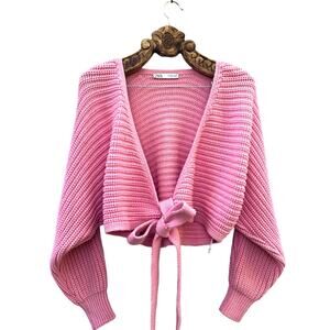 Zara Sweater Chunky Oversized Pink Cardigan V Neck Tie Wrap Crop Blogger Fav S